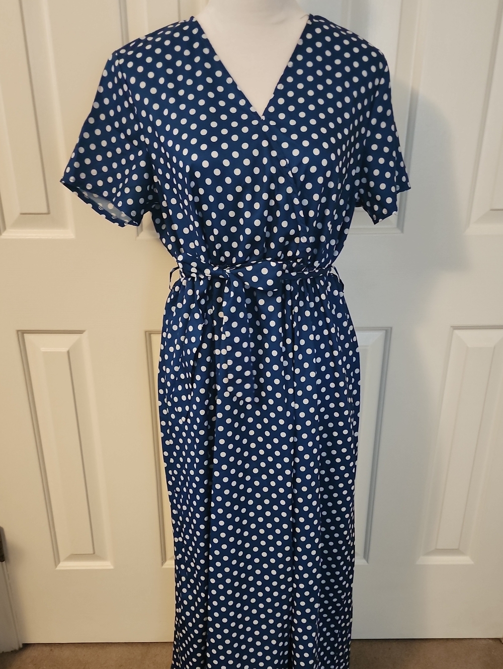 Polka Dot Navy Wrap Maxi Dress with Tie Waist